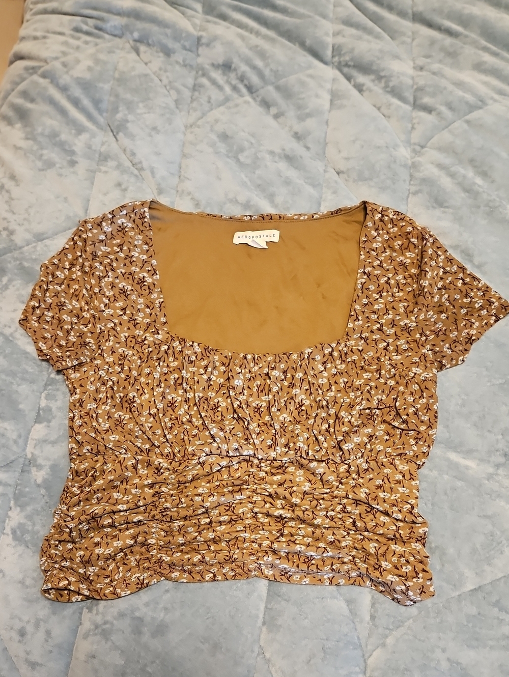 Aerosostal Khaki Brown Floral Ruched Square-Neck Crop Top